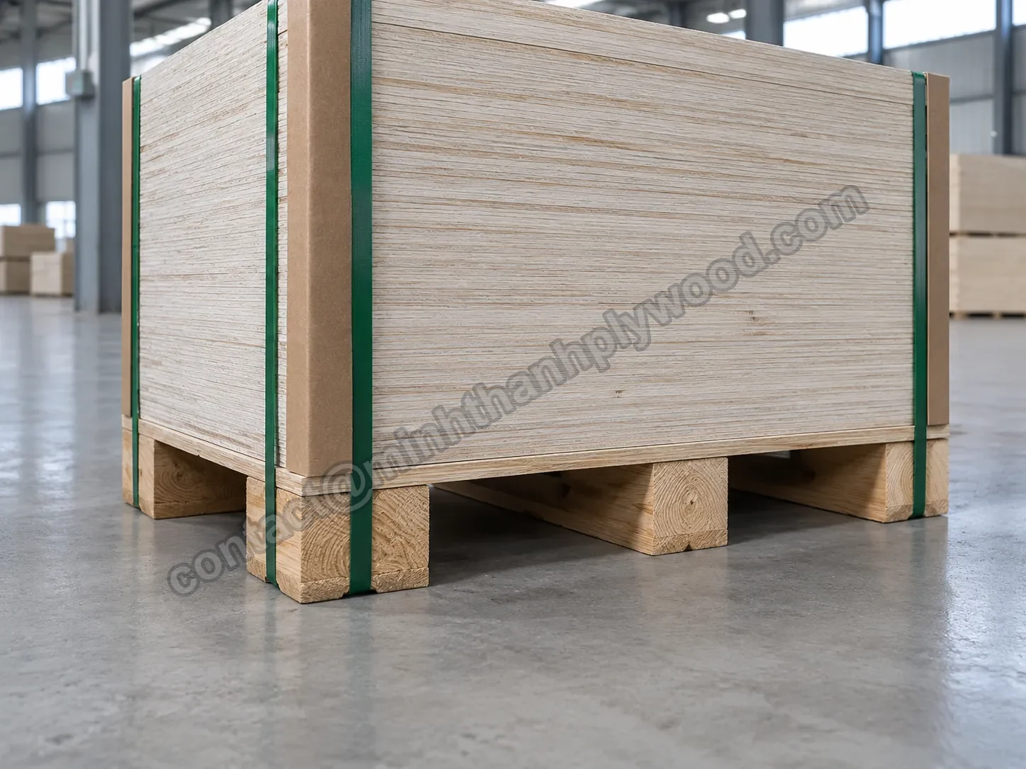 Base of a strapped plywood pack resting on solid timber bearers with forklift gaps between them