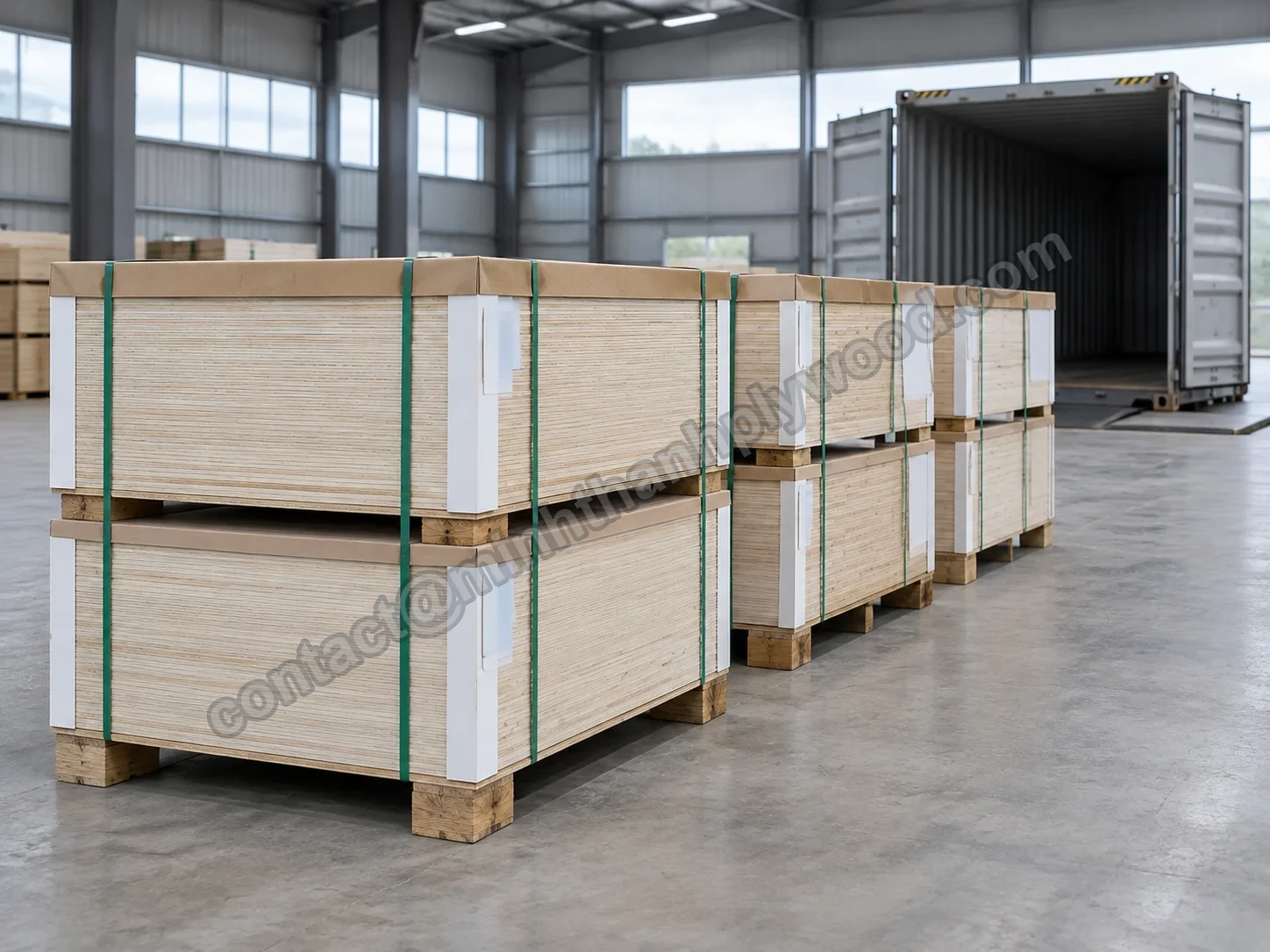 Strapped plywood packs on timber bearers staged two-high in front of an open container before loading