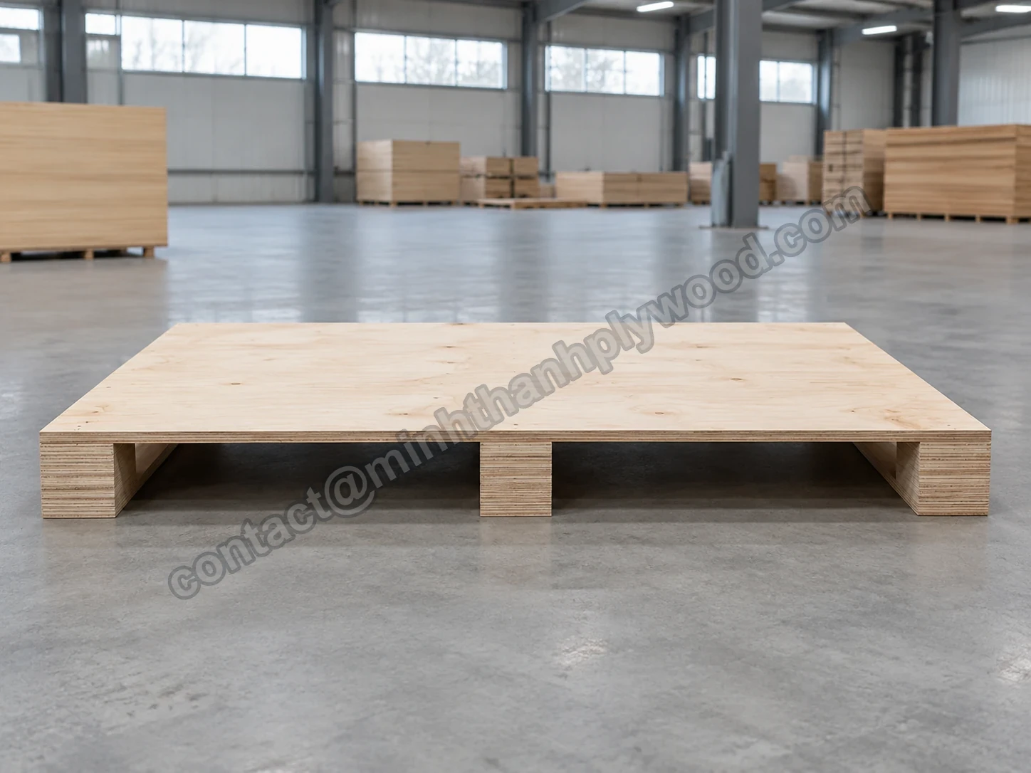 Empty plywood pallet with a flat deck on laminated plywood bearers on a warehouse floor