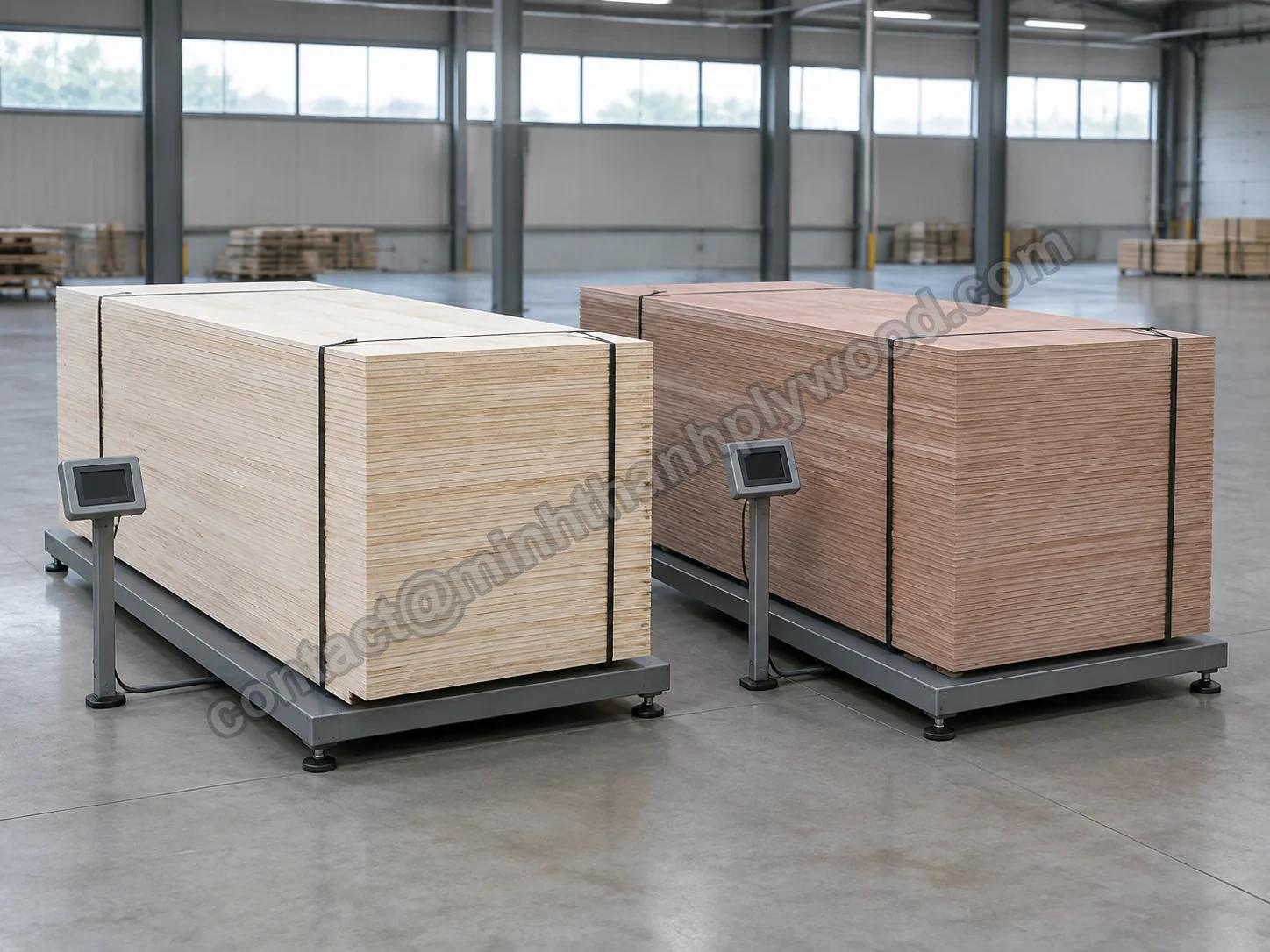 Twee multiplexpakketten op platformweegschalen: een licht Styrax-pakket naast een roodachtig Eucalyptus-pakket