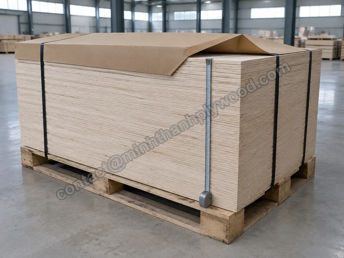 Multiplexexportpakket op een pallet met teruggevouwen kraftafdekking en een stalen meetlint van de bovenste plaat tot de pallet