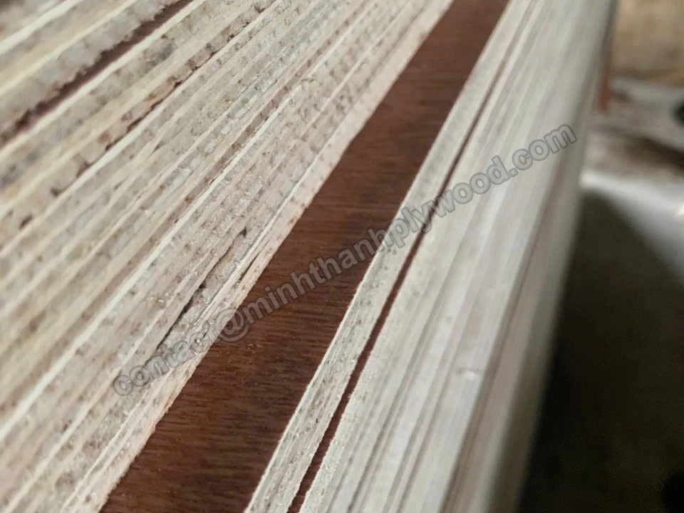 Trimmed edges of stacked plywood panels showing the veneer layers