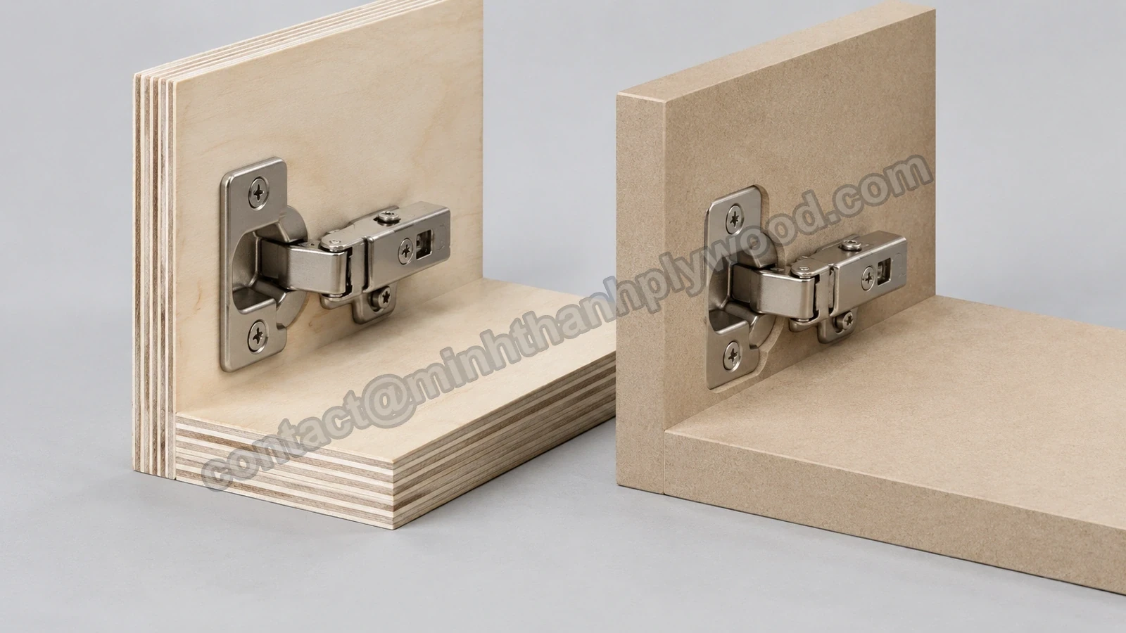 Möbelbeschläge im Vergleich an Furnierlagen und MDF-Faserstruktur