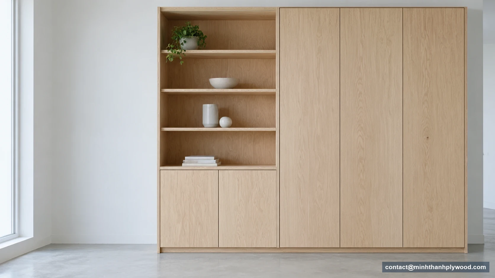 Parete attrezzata e armadio in compensato con tranciato ricomposto effetto rovere, con bordi stratificati delle mensole a vista