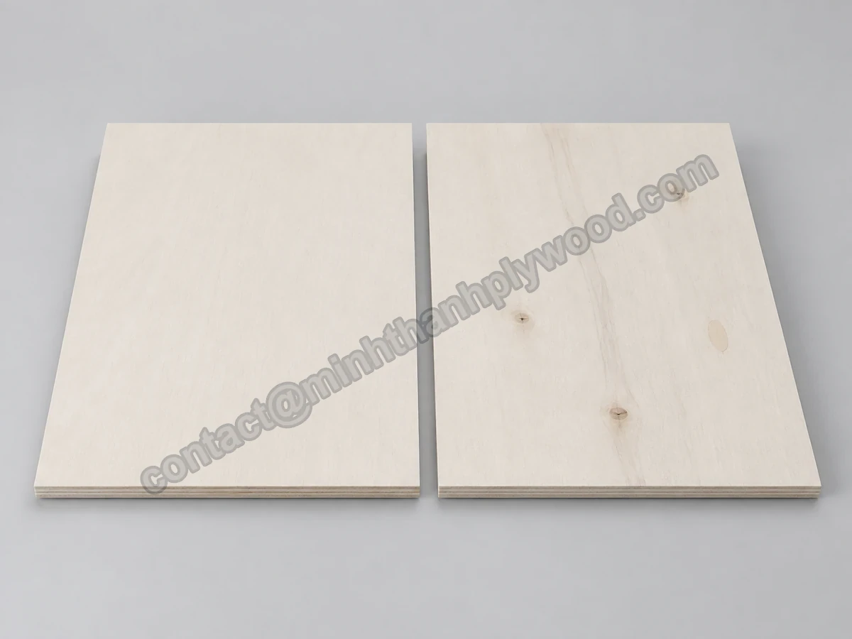 Two poplar-faced plywood panels side by side: a near-white plain face beside a face with a grey mineral streak, small knots and a patch