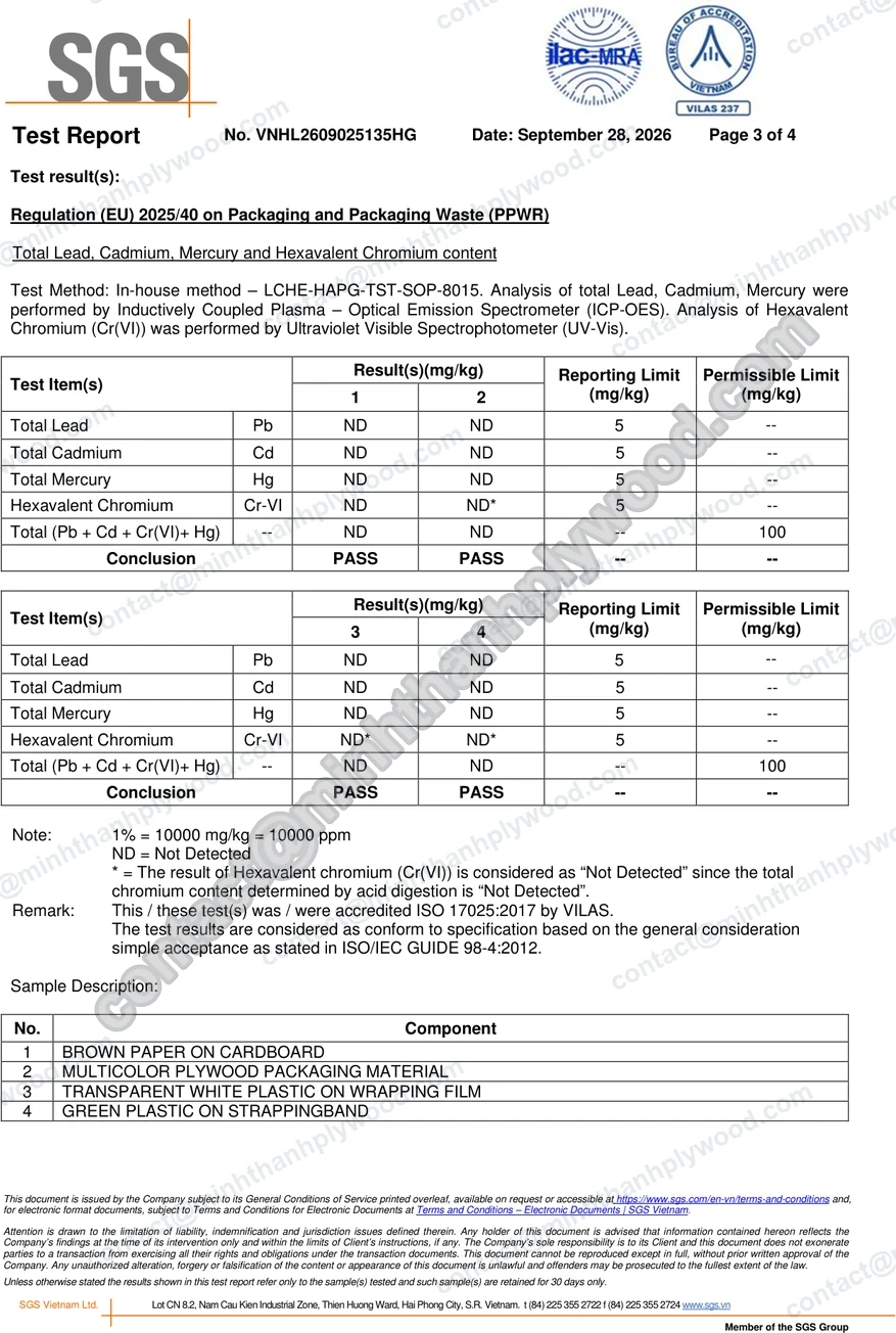 SGS packaging test report results under Regulation (EU) 2025/40