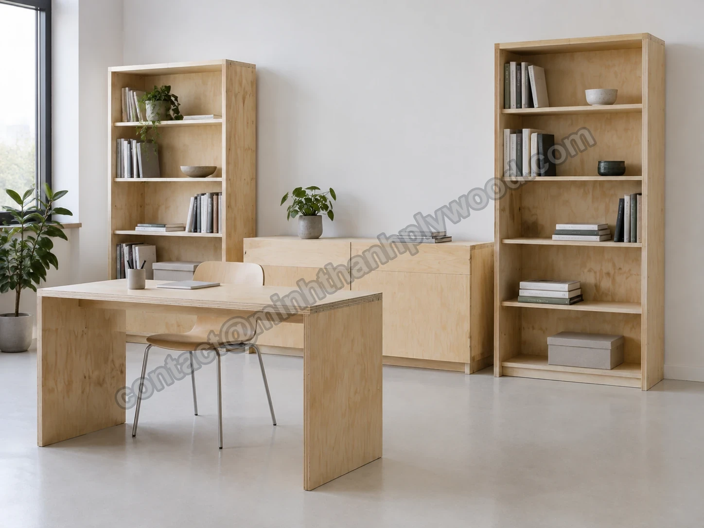 Bureau, bibliothèques et meuble bas en contreplaqué clair dans un intérieur de bureau lumineux