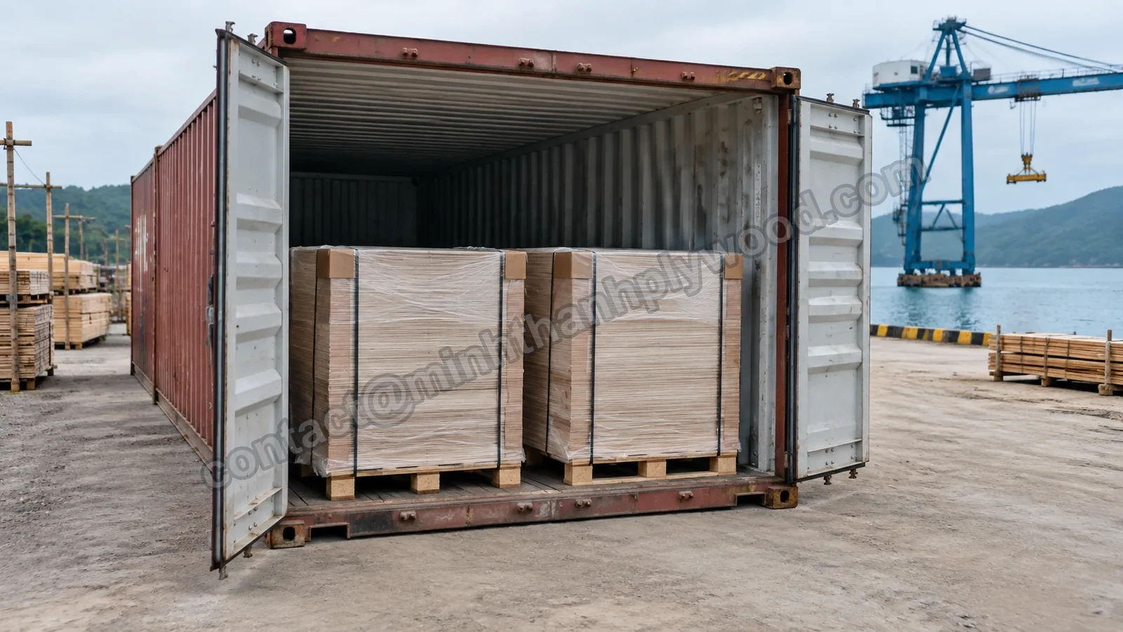 Film-wrapped plywood packs on pallets in an open container at a port terminal