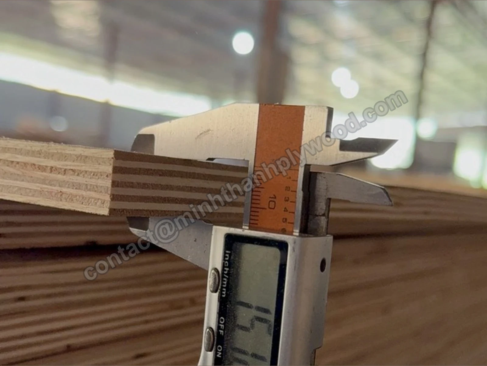 Digital caliper on the edge of a 15 mm furniture plywood panel with its veneer plies visible