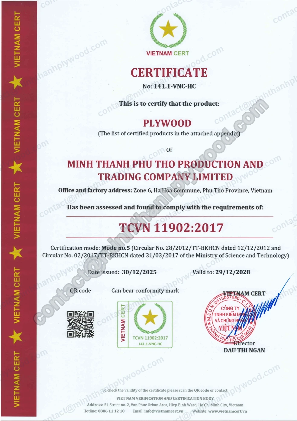 TCVN 11902:2017 certificate for veneer-faced plywood