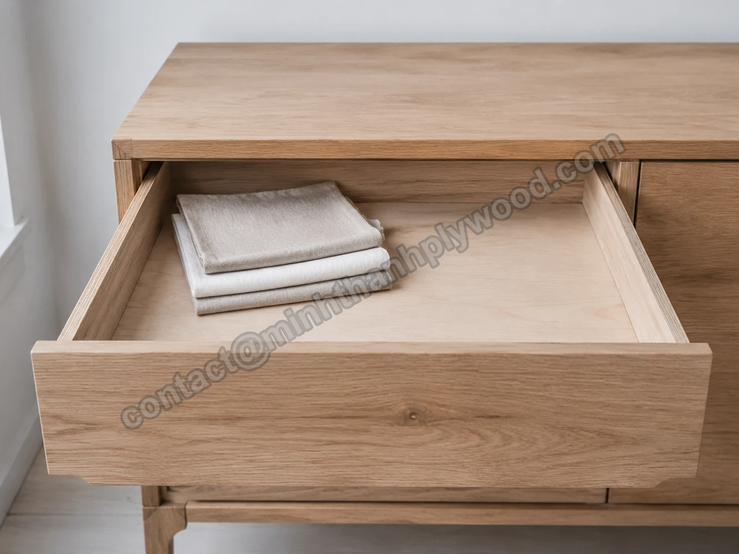 Een open houten lade met een lichte multiplexbodem en opgevouwen linnengoed.