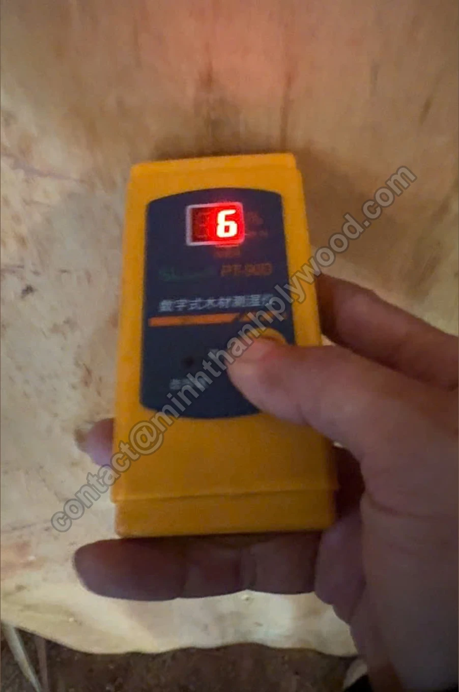 Veneer grading starts with moisture: a handheld meter reads 6 on a core veneer sheet