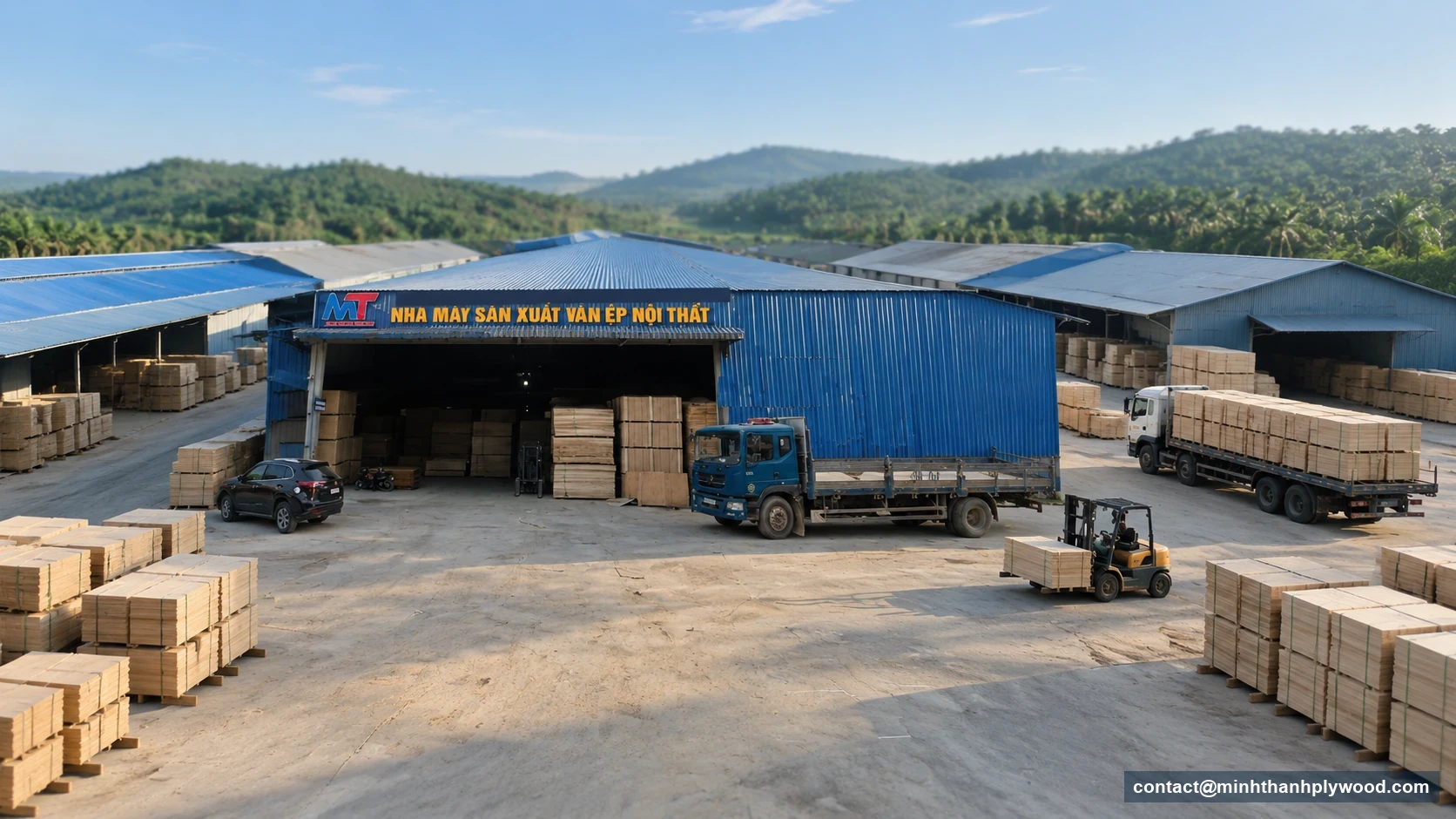 Minh Thanh Plywood, produttore di compensato in Vietnam: capannoni, pile di pannelli e camion a Ha Hoa, Phu Tho